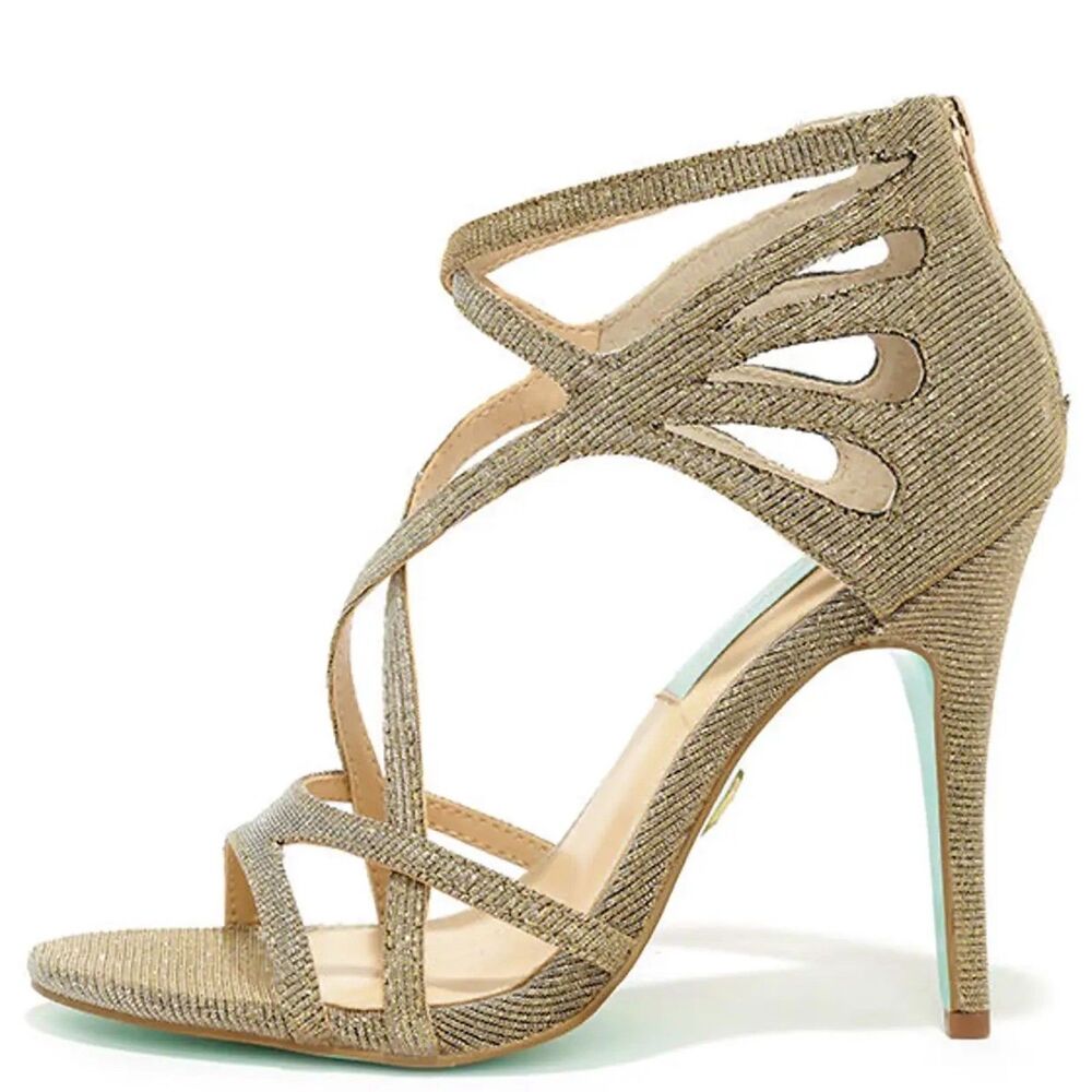 Blue by Betsey Johnson "Talia" Gold Caged Glitter Evening Stiletto Sandals, Sz 6